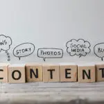 Träklossar som stavar ordet "content" med pratbubblor ovanför som symboliserar olika contentformat som nyheter, bloggar, bilder, berättelser och sociala medier