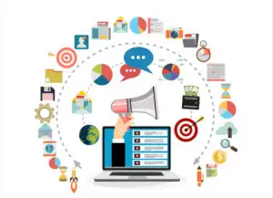 Illustration av olika digitala kanaler kopplade till symboler för sociala medier, annonser och användargenererat innehåll