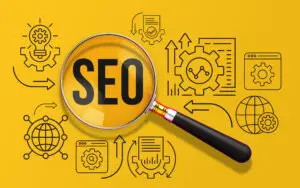 Förstoringsglas som förstärker ordet SEO mot en gul bakgrund med ikoner för data, nätverk och analys